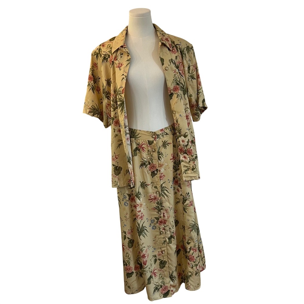 Vintage Floral Skirt Set Button Front Midi Matching Cottagecore Tan Petite M